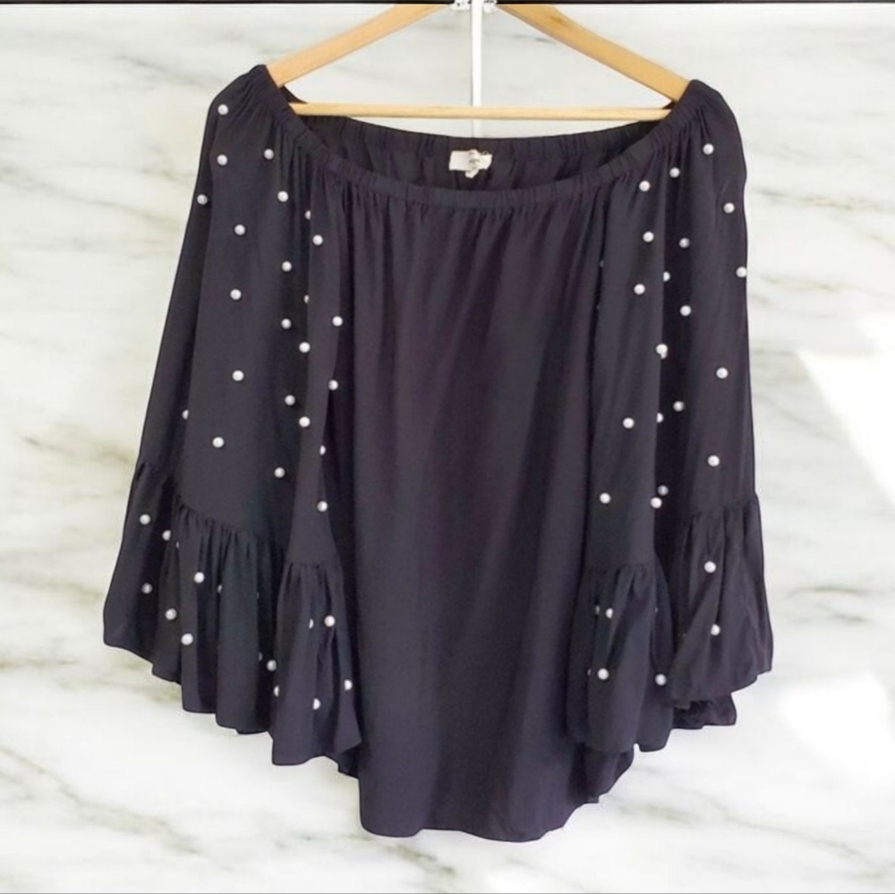 Entro Off Shoulder Pearl Embellished Ruffle Sleeve Blouse in Black Size Medium
